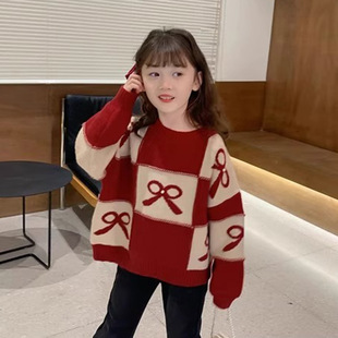 Girls' Red Sweater Thickened 2024 Autumn and Winter New Western Style Children's Knitted Shirt Children's Wear Christmas Happy New Year Sweater