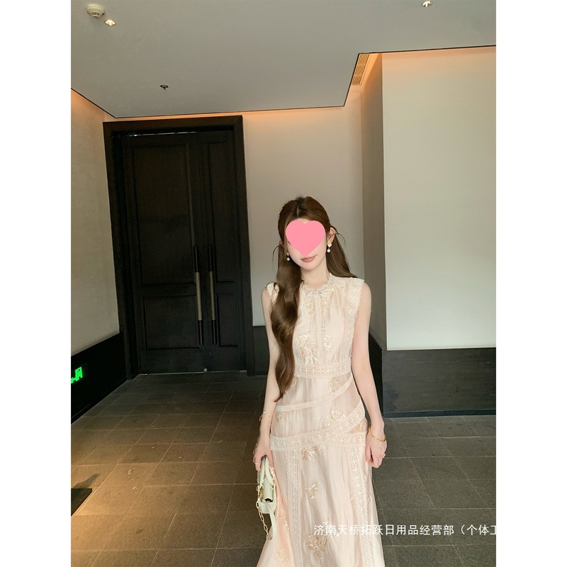 跨境NMIOK【青山粉黛】天丝绣花无袖连衣裙夏季新重蕾丝拼长裙尺|undefined