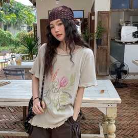2026夏花朵印花短袖T恤女夏季体恤新款木耳边设计感松弛感宽松女