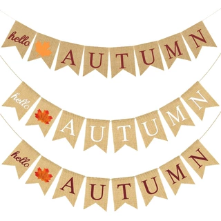 HELLO AUTUMN麻布燕尾旗感恩节秋季彩旗枫叶主题横幅拉旗