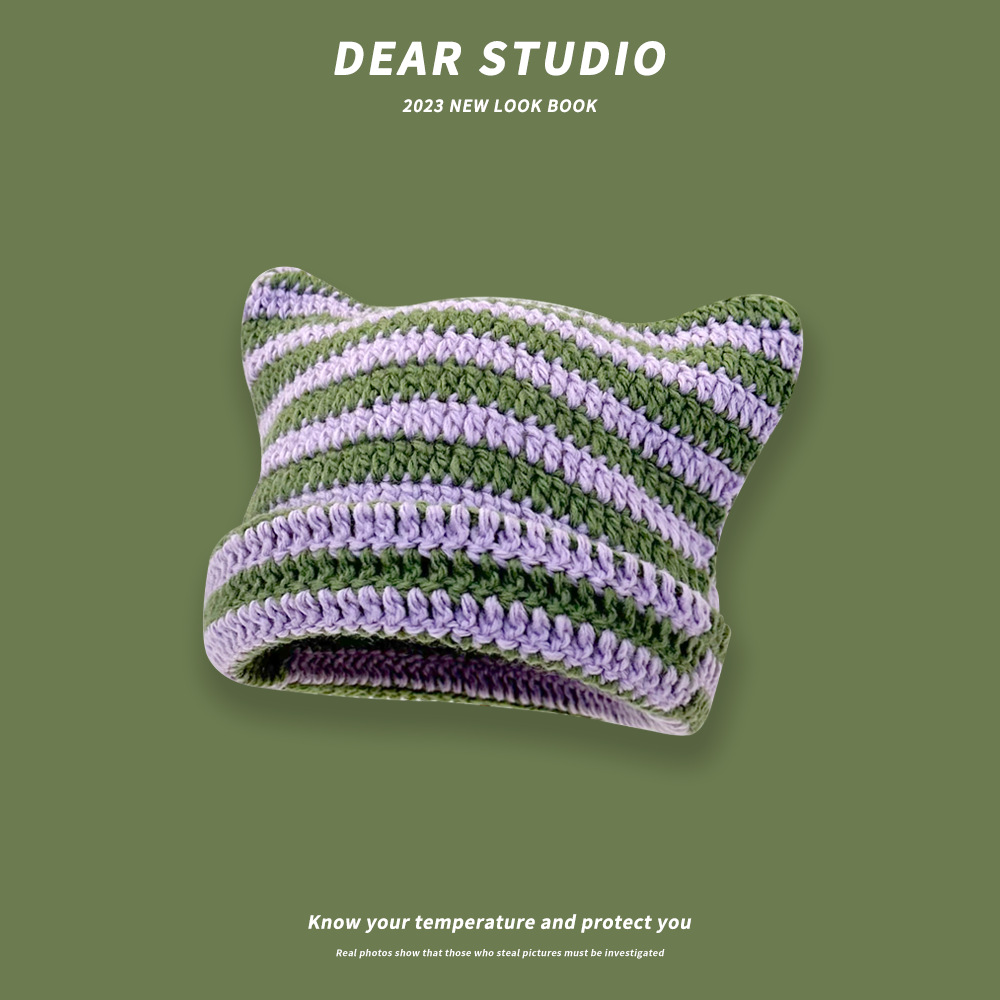 Japonés lindo gato orejas de punto de lana sombrero femenino Otoño e Invierno pequeño diablo a rayas cálido todo-Partido suéter sombrero moda