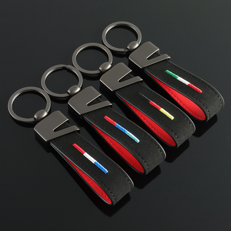 翻毛麂皮德国意大利法国国旗宝马三色刺绣汽车金属钥匙扣圈环挂件