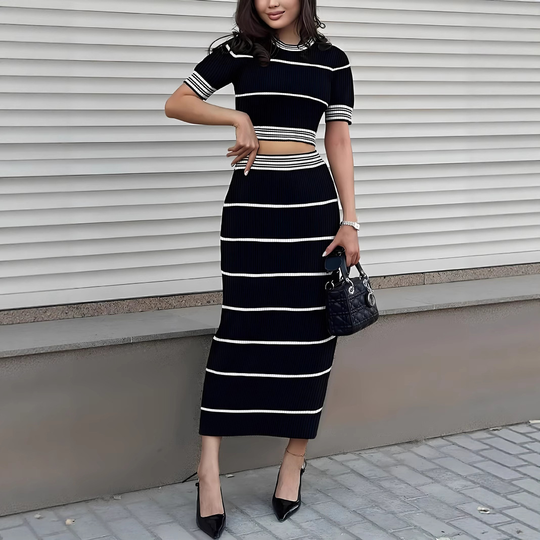 Women's Elegant Retro Short Ribbed Bodycon Skirt Set High End Sexy Short Sleeved Top Bottom Ensemble For Summer_ecoleips.com