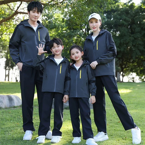 Spring and Autumn Parent-Child Matching School Uniforms, Waterproof Jacket and Pants Set, Couple's Waterproof Jacket, Men's Outdoor Hooded Group Clothing Wholesale