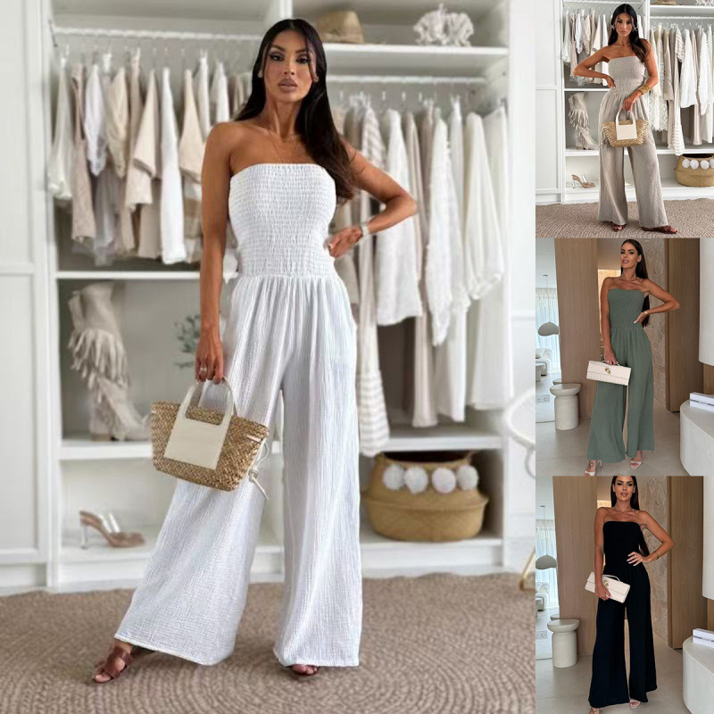 New style from Amazon and AliExpress cross-border e-commerce platforms in Europe and America: Double-layer cotton solid color off-shoulder pocket jumpsuit with a fitted waist.