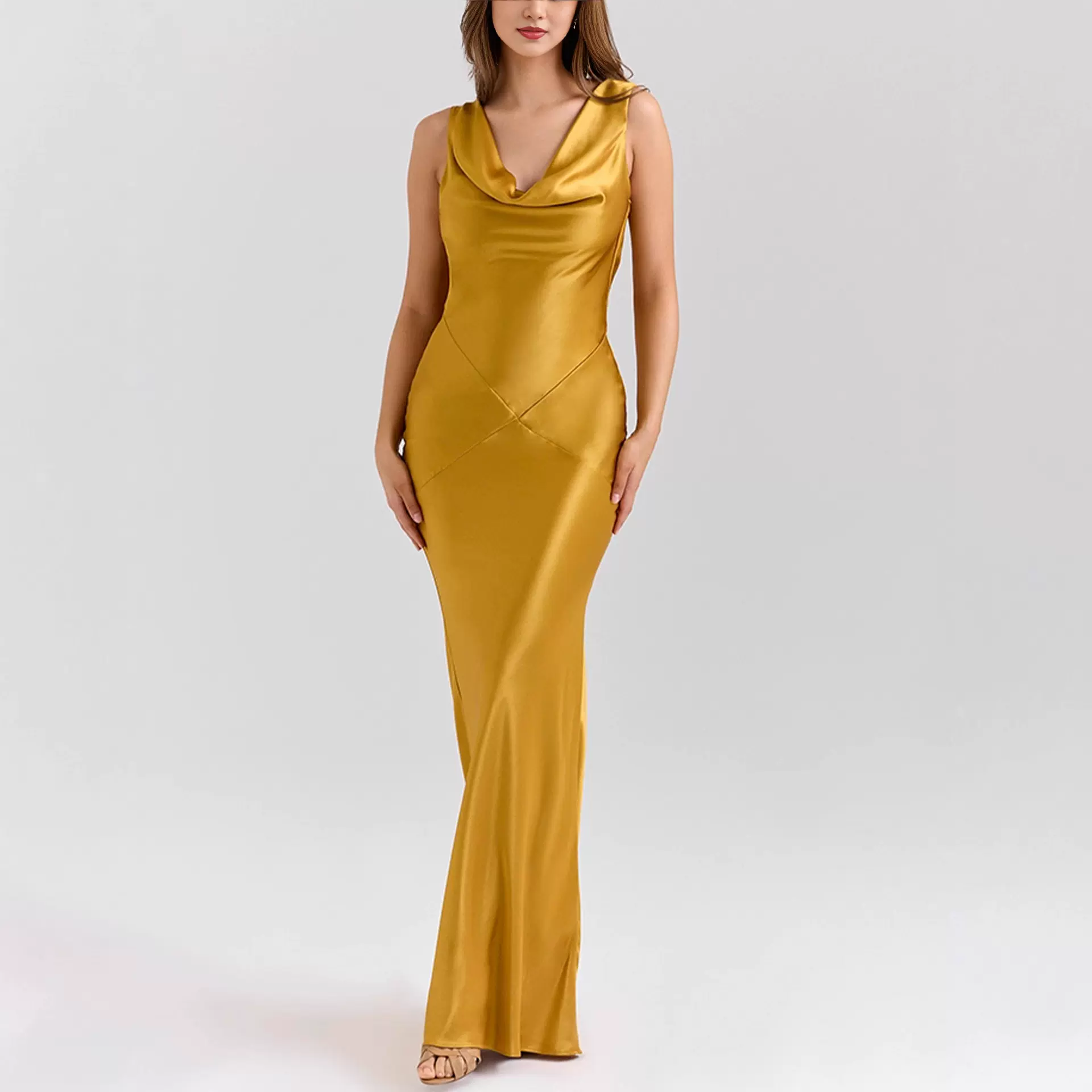 高定进口醋酸缎面千金感设计感高贵优雅垂领露背海边丁达尔连衣裙