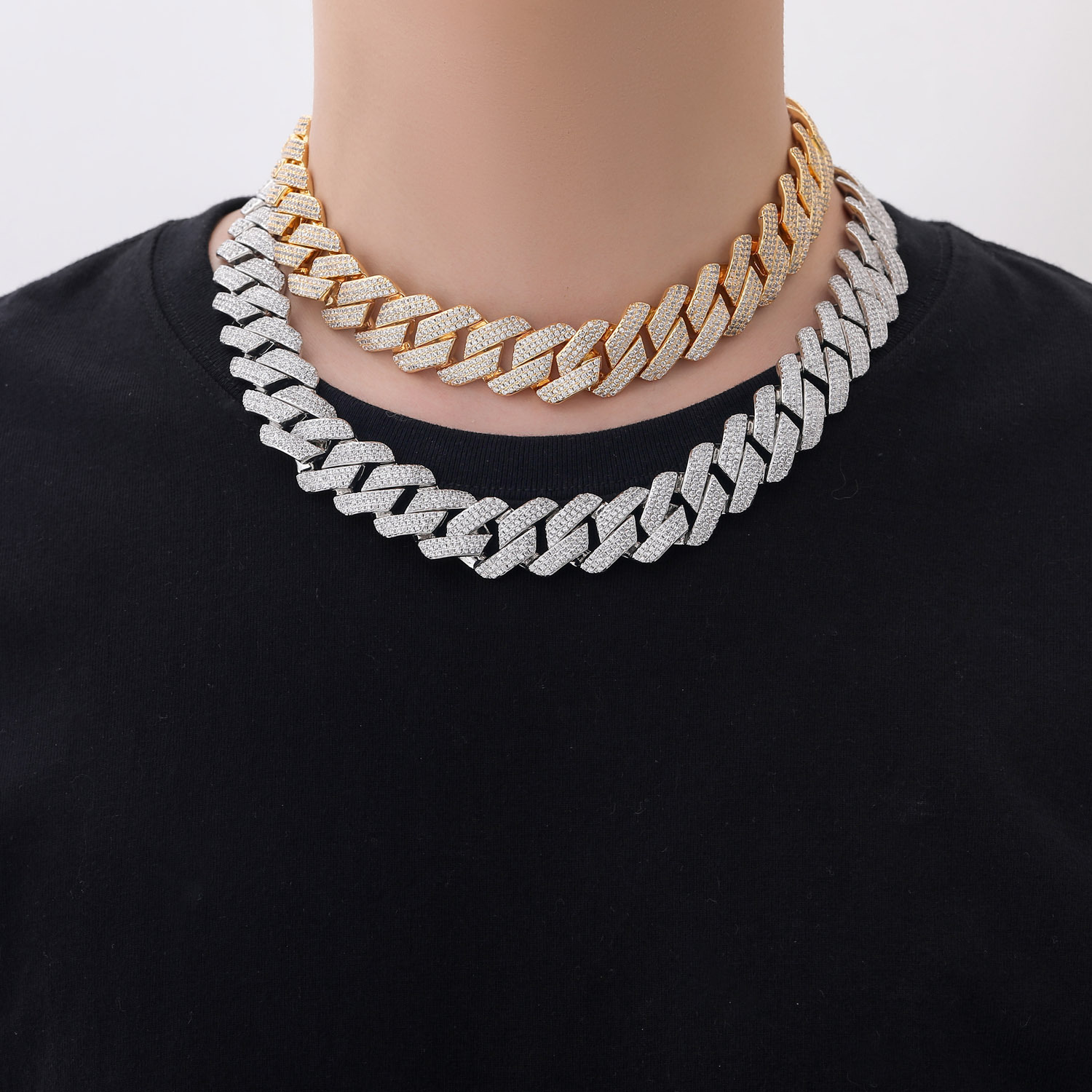 Collier Cubain Homme À Trois Rangs Avec Zircon Et Strass_voghion.com