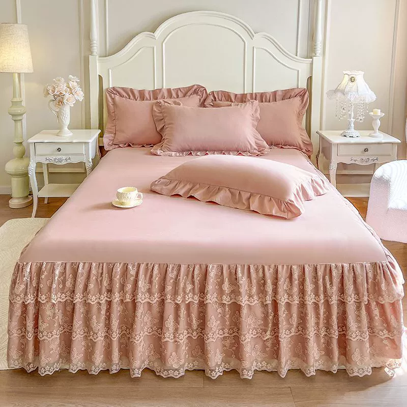 Внешняя торговля, трансграничная корейская стильная кружевная юбка для кровати, комплект из трех предметов с кружевом, машинная стирка, однотонный наматрасник, оптовая продажа