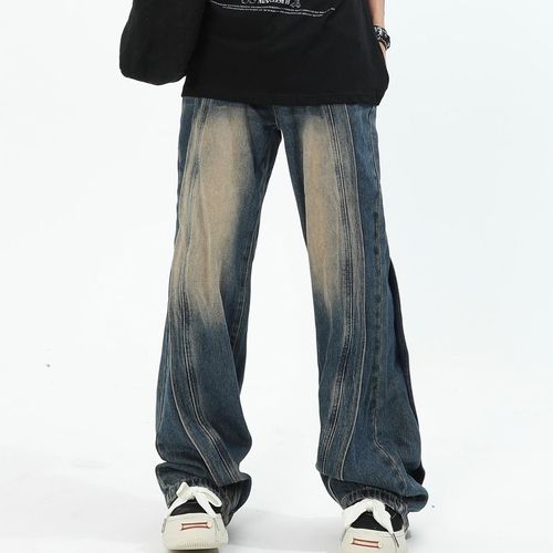 2025 Men's American-Style Heavyweight Patchwork Design Jeans: Loose Fit, High-Street Wide-Legged, Flowing Straight-Leg Trousers—Trendy