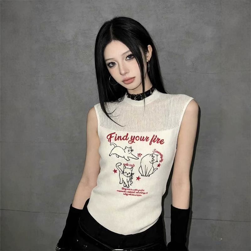 Off-White Cat Print Knitted Vest for Women 2026 Spring/Summer New Slim Fit Sleeveless Inner Layering Top Off-White Cat Print Knitted Vest for Women 2026 Spring/Summer New Slim Fit Sleeveless Inner Layering Top
