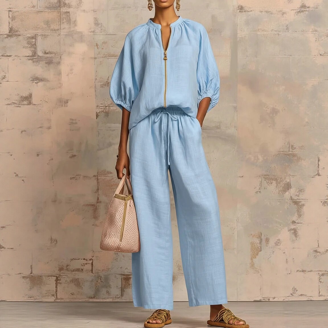 Women's Clothing Summer Women's Wide Leg Pants Set Casual Loose Fit Solid Color Zipper Round Neck Top Bottoms Outfit Style_ecoleips.com