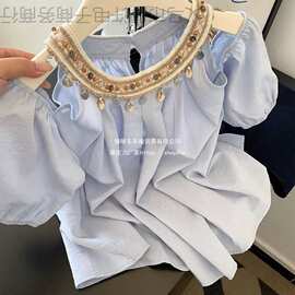 韩系海边度假风蓝色衬衫女25新款感重工钉珠圆领露肩宽松上衣