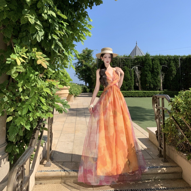 Monet Garden Orange Floral Print Fairy Pure Desire Suspender Long Slimming Gauze Dress