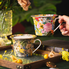 花韵马克杯带盖陶瓷杯精致早餐杯家用喝水杯办公室茶杯咖啡杯批发