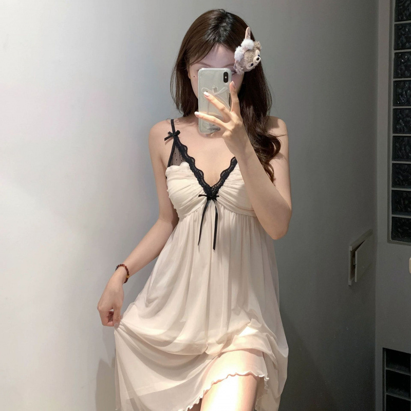 2025 Summer New Sexy Suspender Mesh Nightgown Women's Lace Sweet Pure Lust Style Pajamas with Breast Pads Home Clothes