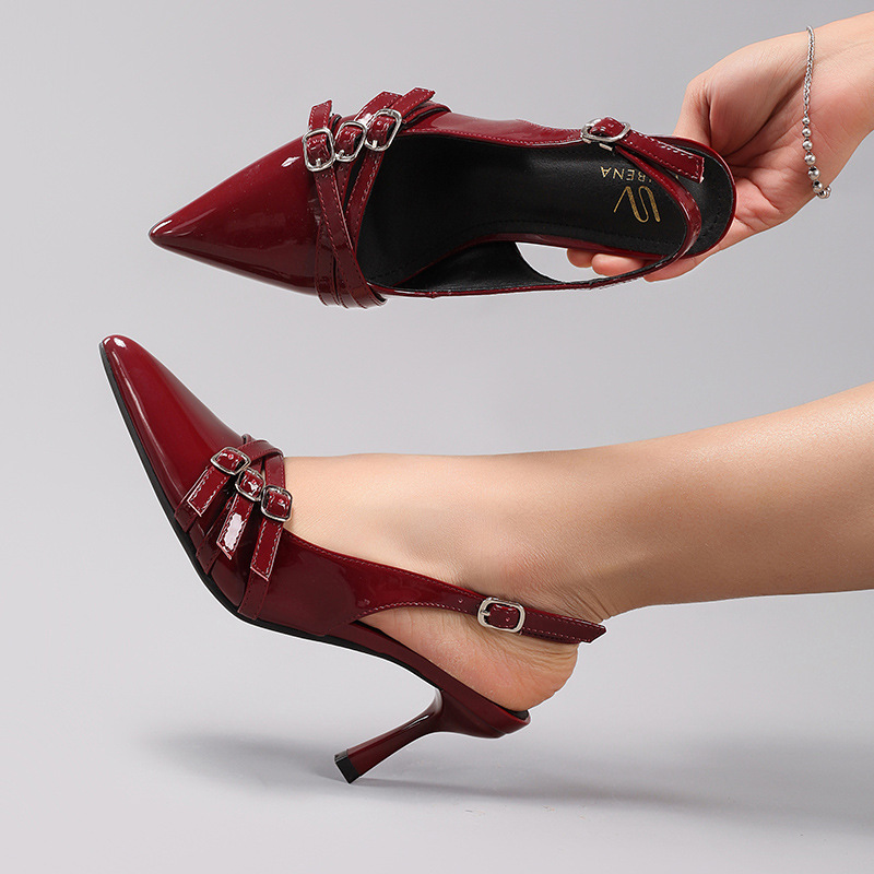 zapatos de tacones altos de mujer hebilla de cinturón de metal decoración vino rojo sexy gatito puntas y sandalias de fiesta de moda transfronterizas