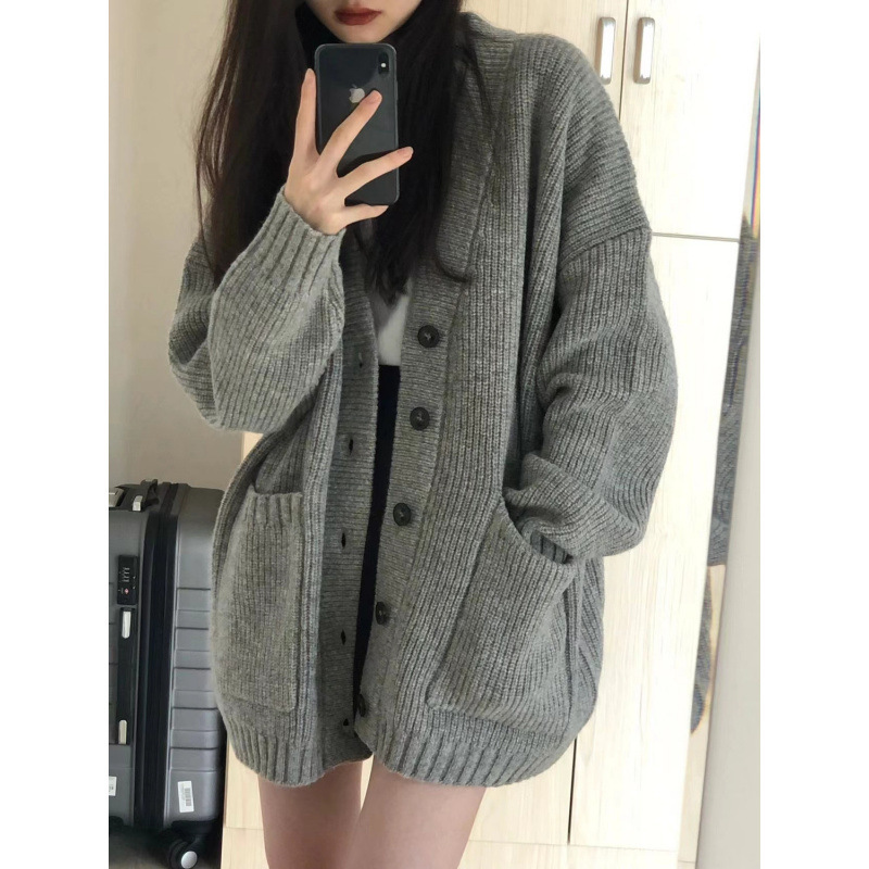 灰色中长款毛衣外套女春秋外搭外穿慵懒复古奶系穿搭秋冬针织开衫|undefined
