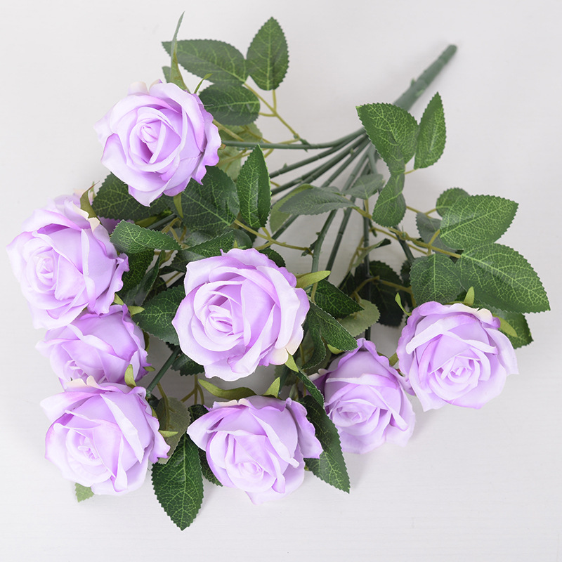 9-cabeza Rosa flor artificial ramo hogar Decoración de la boda Rosa artificial pequeña venta al por mayor de París