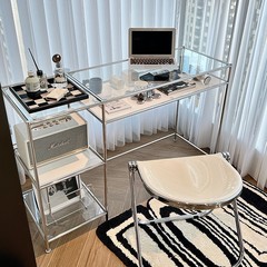 中古のステンレスのコンピュータの机は軽くて豪華な強化ガラスの机の机の家庭用の簡単な化粧の机の事務の机です。