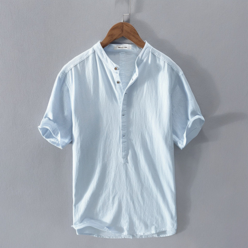 Breathable Linen Blend Short Sleeve Shirt For Men, Casual Summer Pullover Top With Comfort Fit_viptrois.com