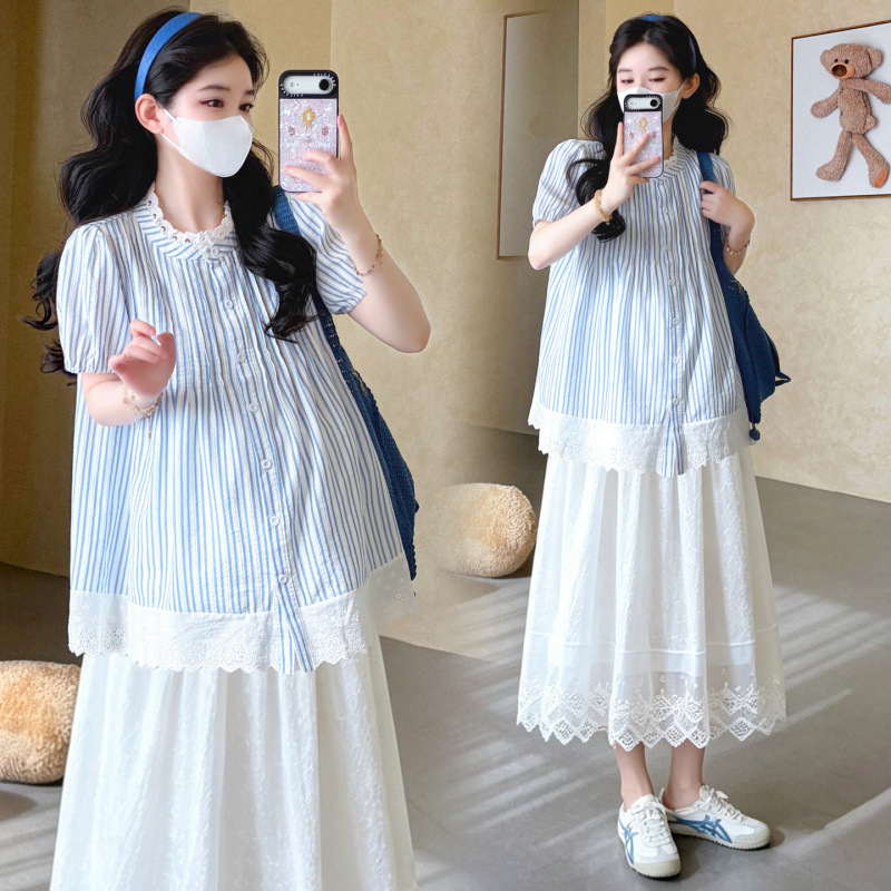 Maternity Suit for Women, New Summer Style, Loose and Slimming Short-Sleeved Shirt + Skirt Two-Piece Set
