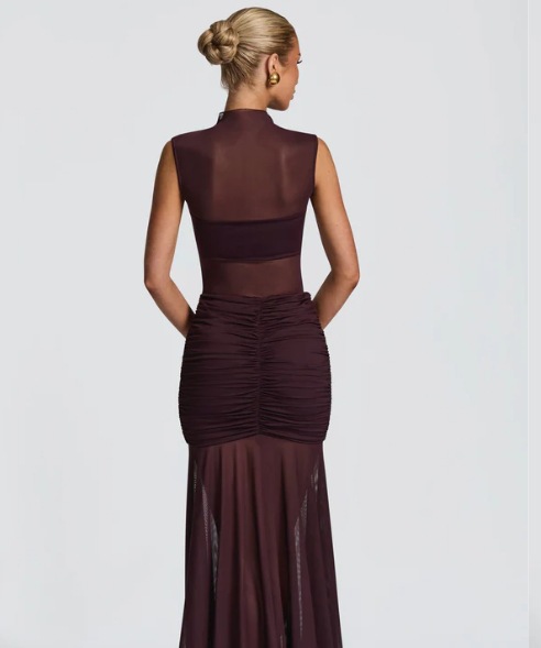 Elegant Bodycon Dress For Women Sexy Sheer Long Dress With Pleated Patchwork Slim Fit High Neck American Style_ecoleips.com