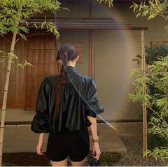 气质灯笼袖云朵下摆早秋新款立领皮衣显瘦短款夹克外套