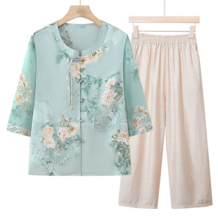 New Chinese Style Mother's Dress Summer Mid-Sleeve Buckle Top Western Style Summer Dress for Middle-aged and Elderly Grandma Guofeng Small Shirt suit