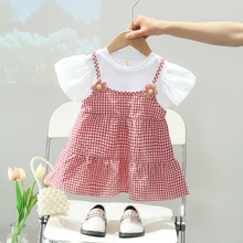 儿童裙子夏季韩版可爱花朵圆领短袖连衣裙2023新款女童休闲格子裙