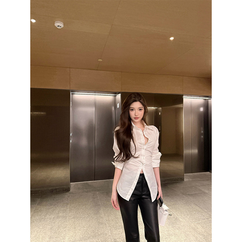 "Flower Shan Shan's Same Style" Super Sexy and Stylish White Shirt with Back Tie and Waist-Cinching Design