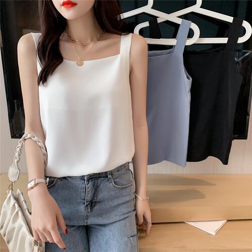 Women's Square Collar Strappy Tank Top  Summer Chiffon Loose Black and White Innerwear Outerwear Sleeveless Base Shirt Top Wholesale