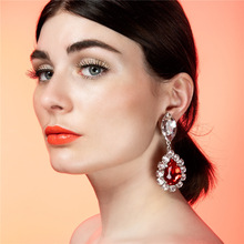 歐美新款水鑽水滴耳環舞台禮服高級感奢華紅寶石耳環耳飾 earring