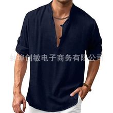 2023亚马逊独立站外贸秋冬男式亚麻亨利衬衫立领长袖休闲沙滩衬衫