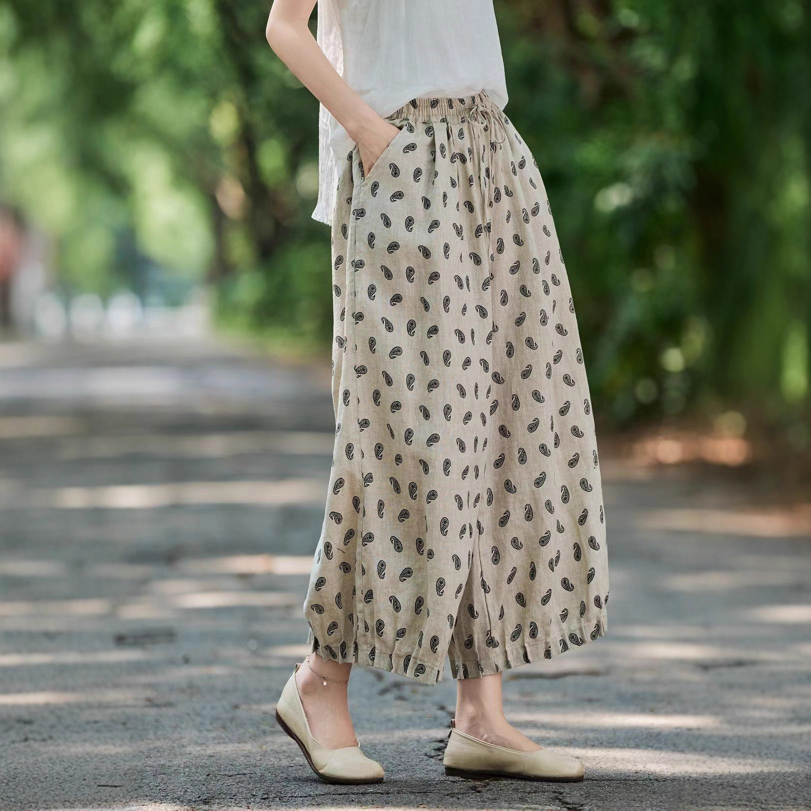 秋季新亚麻腰果花格子女系带舒适松紧腰直筒裤宽松休闲九分萝卜裤