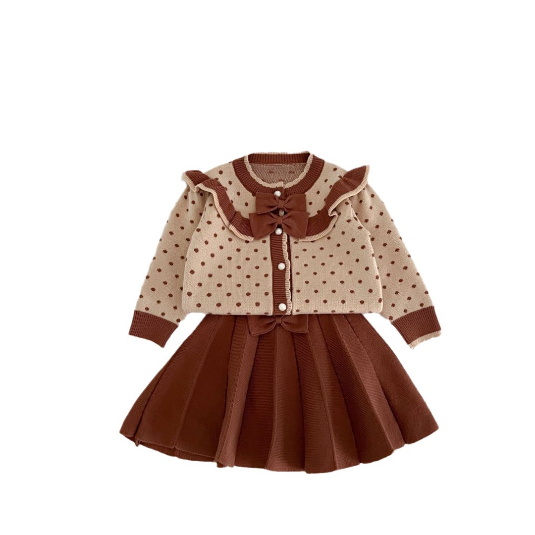 Flickor prickiga barnkläder med rosett och westernstil 2023 höst/vinter nytt koreanskt stickat set med två delar_voghion.com