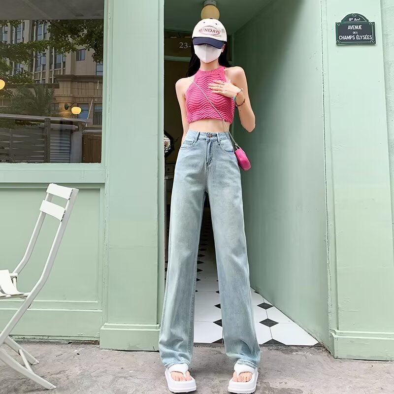 Pink leather standard jeans women 2024 new plus size distressed loose slim straight pants small pants summer