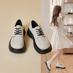 真皮新款小皮鞋女日系2023秋系帶厚底增高樂福鞋女兩穿休閒女單鞋