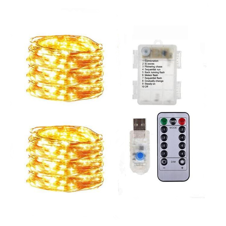 Cadena de luz LED ocho funciones USB caja de batería impermeable control remoto cable de cobre Cadena de luz Cable de cuero Cadena de Luz Decoración de Navidad Cadena de luz de color
