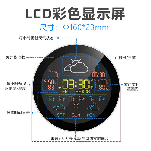 Tuya Smart WiFi Color Screen Weather Clock Weather Forecast Indoor Outdoor Temperature Humidity Meter Calendar Electronic Clock
