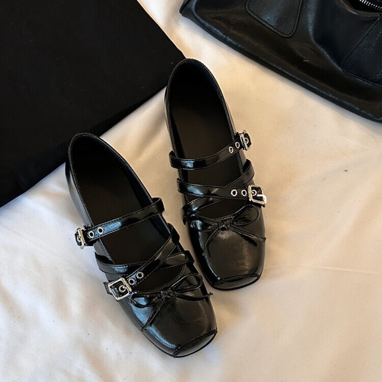 Sheepskin Version ~ Retro Bow Shallow Mouth Ballet Shoes Square Toe Small Single Shoes Single-button Belt Thick Bottom Mary Jane Shoes