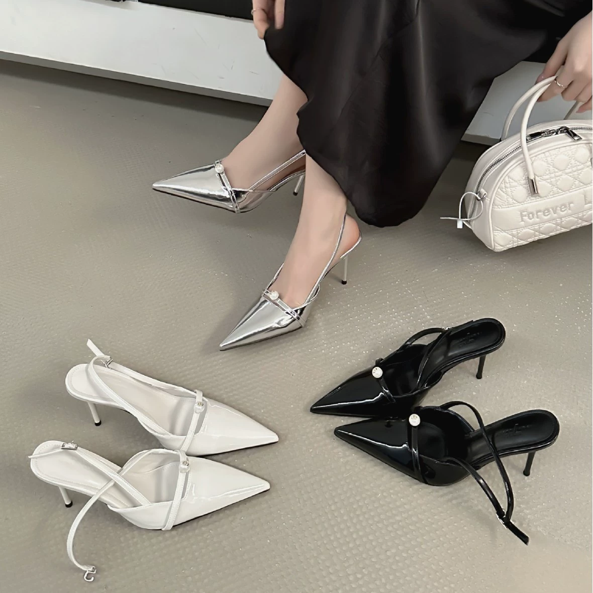 Весенние туфли с острыми наконечками и тонкими каблуками женские весенние 2025 баотоу лакированные жемчужные туфли на высоком каблуке