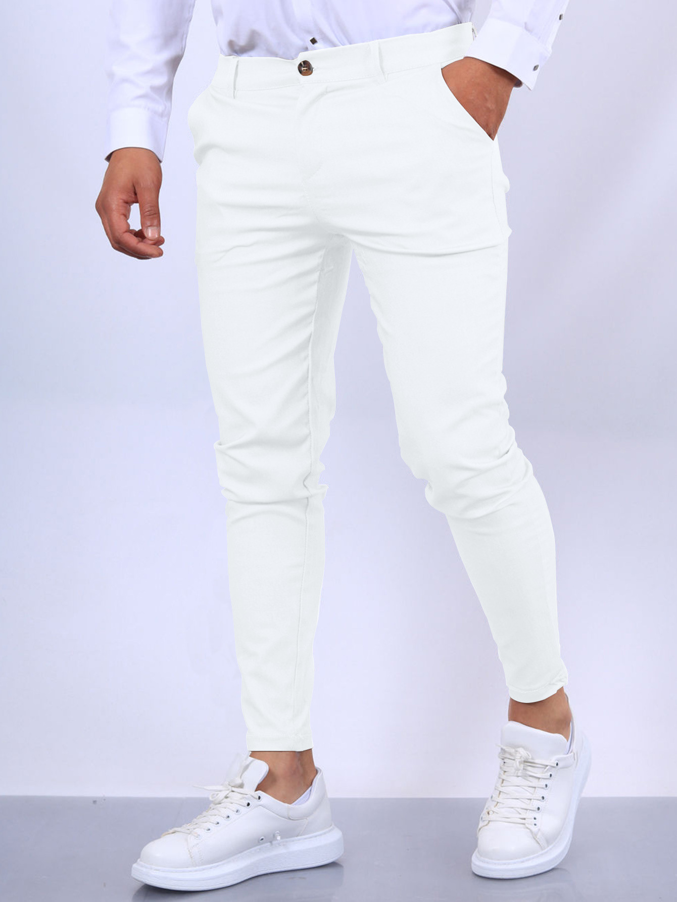 European New Men's Solid Color Texture Casual Elastic Pants Small Foot Formal Pants Slim Tapered Trousers For Men_voghion.com