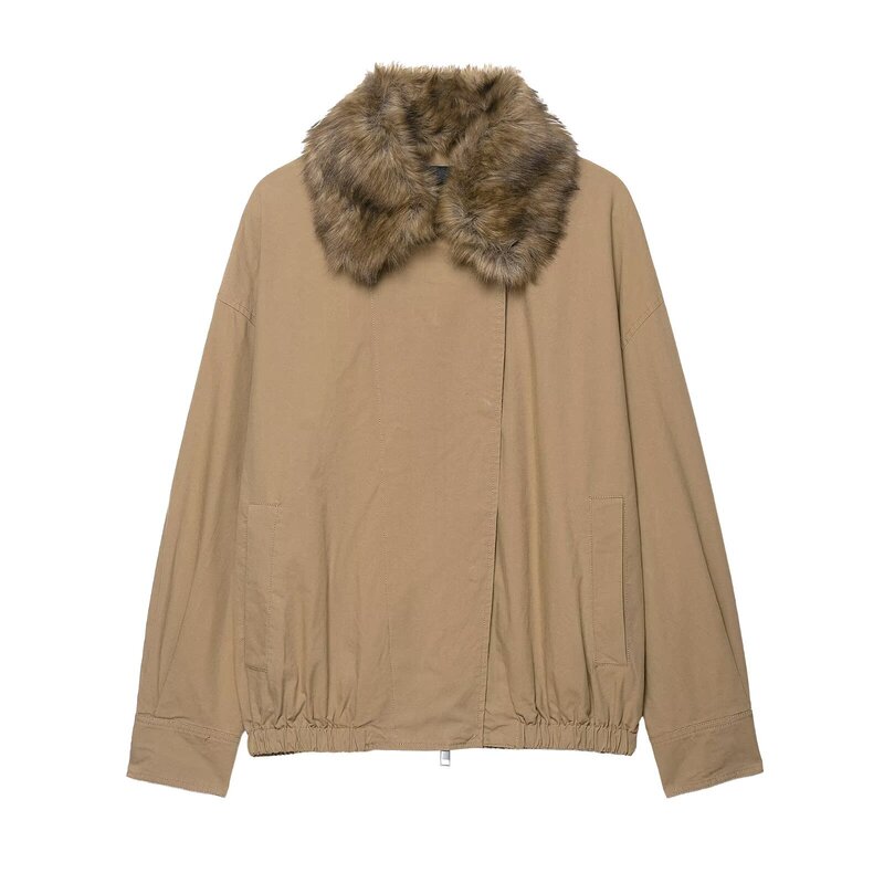 2025 Autumn New Women's Fashion European and American Style Faux Fur Collar Bomber Jacket 0155248