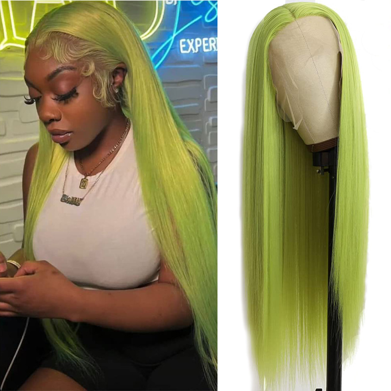 Xuchang Europe and America 13*4*1 front lace wig long straight hair wig women's green chemical fiber headgear lace wig wholesale