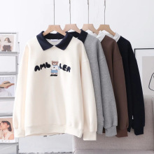 日系森女系 2023年秋装新款卡通刺绣字母小熊连帽长袖套头卫衣女