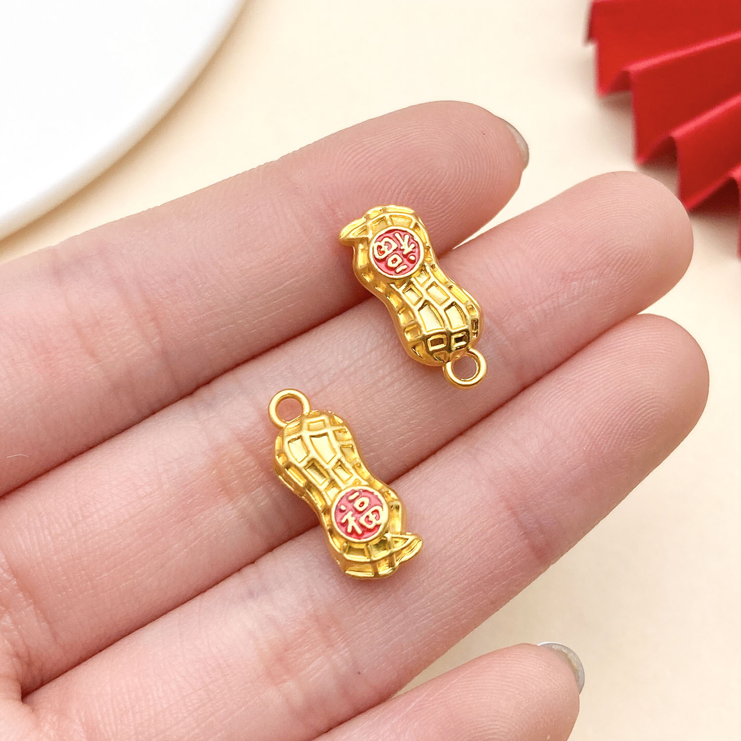 22807-ZY2-红色滴油古法金哑金福字花生17x7mm-