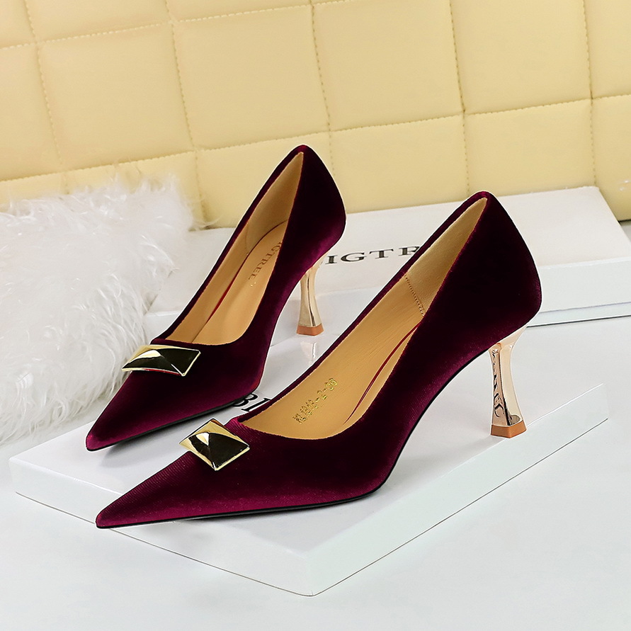 1818-K81 European And American Style Party High-heeled Shoes With Heel, Shallow Pointed Toe, Metal Buckle Decoration,_vogvips.com