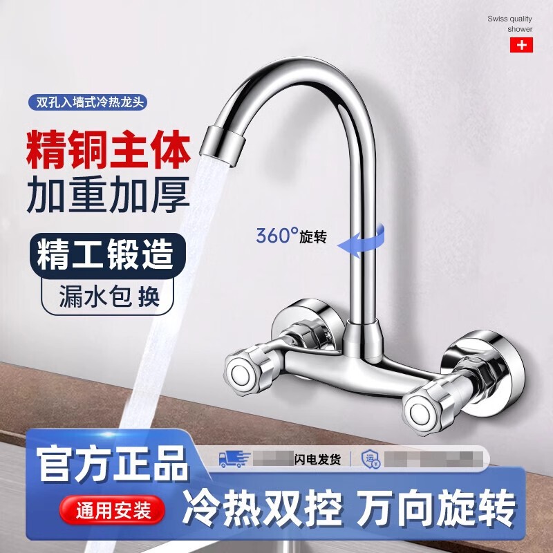 Kitchen Sink Vegetable Basin Brass Double-Handled Wall-in Hot and Cold Tap Laundry Pool Balcony Wash Basin