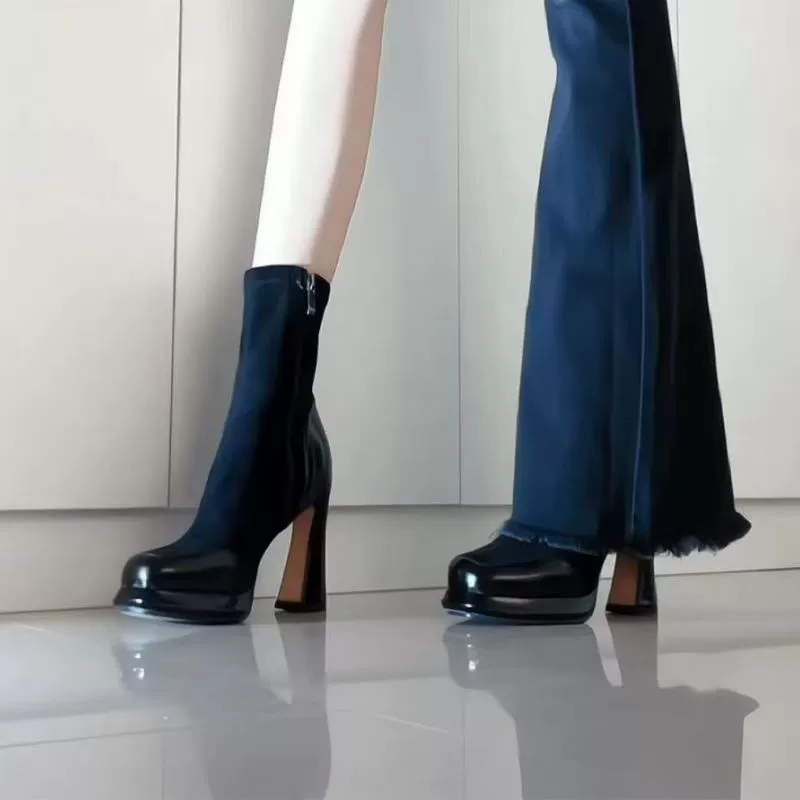 Thick bottom thick heel elastic thin boots waterproof platform simple single boots Merida square high heel short boots 2024 new model