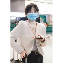 田曦薇杨幂明星同款2023轻奢粗花呢圆领织带长袖小香风短外套上衣